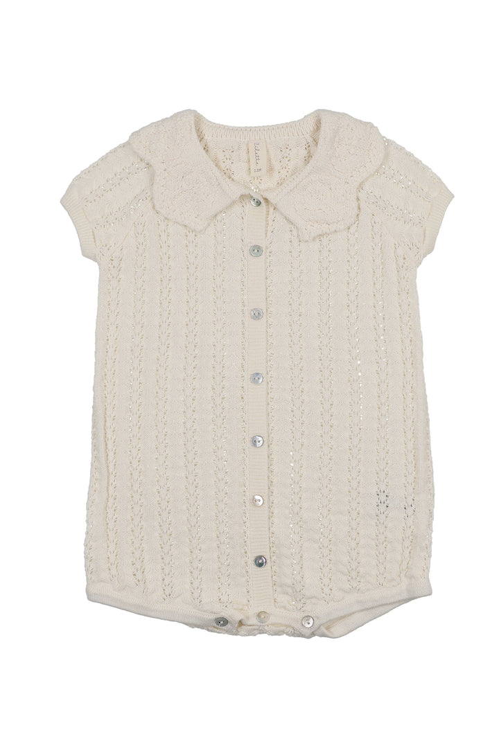 one piece crochet knit romper scalloped collar - cream