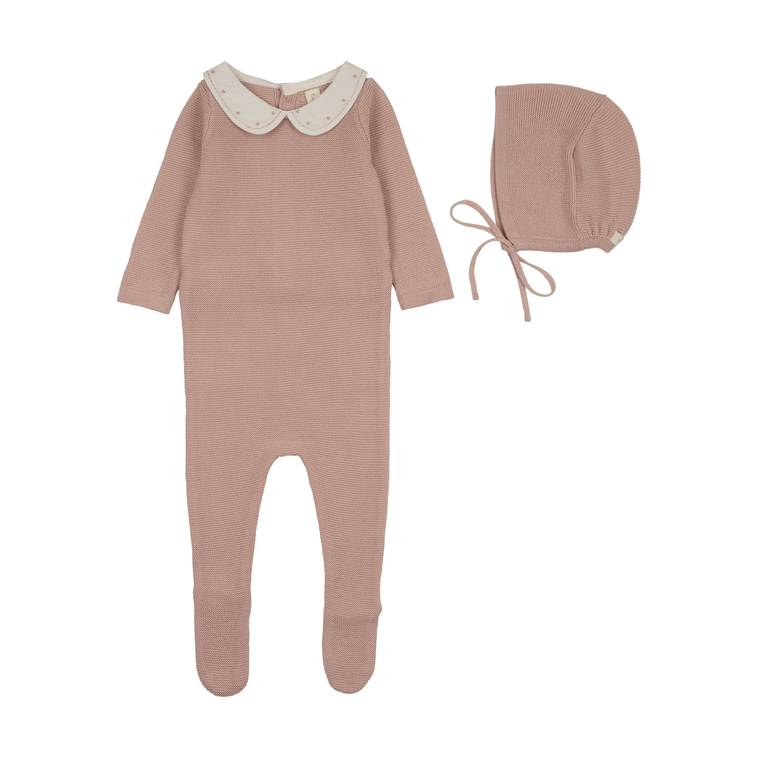 footie embroidered collar knit with bonnet - dusty pink