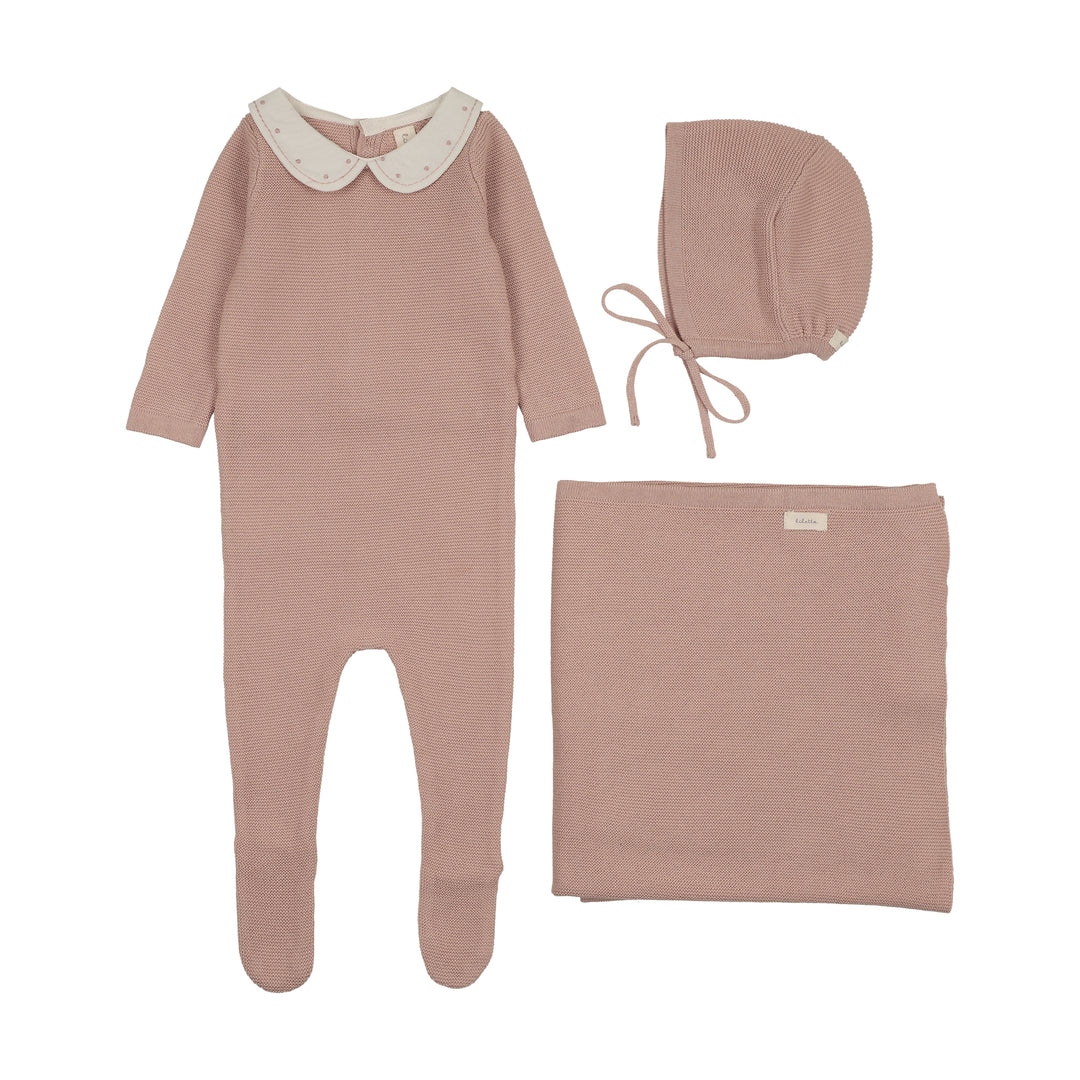 set footie embroidered collar knit with bonnet and blanket - dusty pink