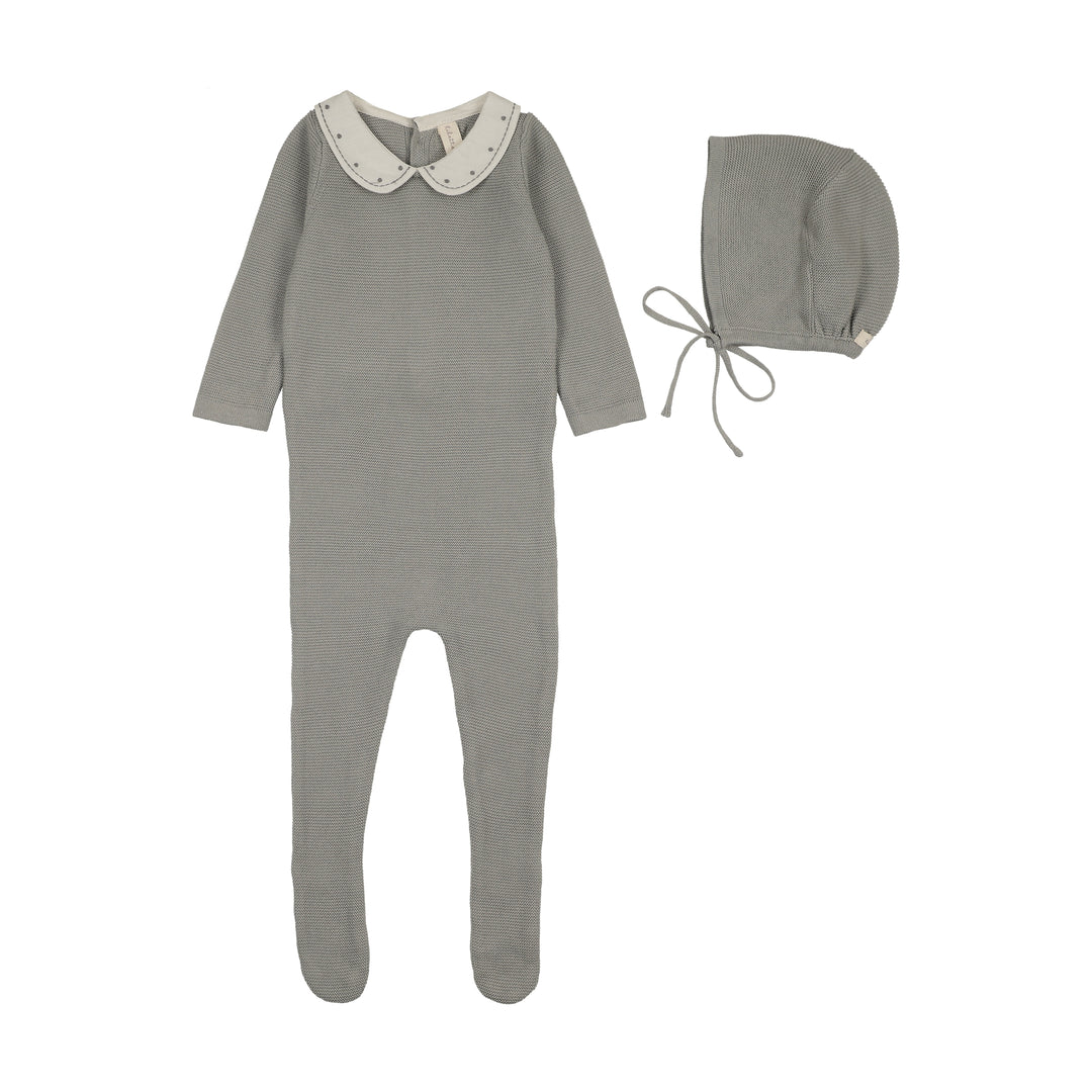footie embroidered collar knit with bonnet - light blue