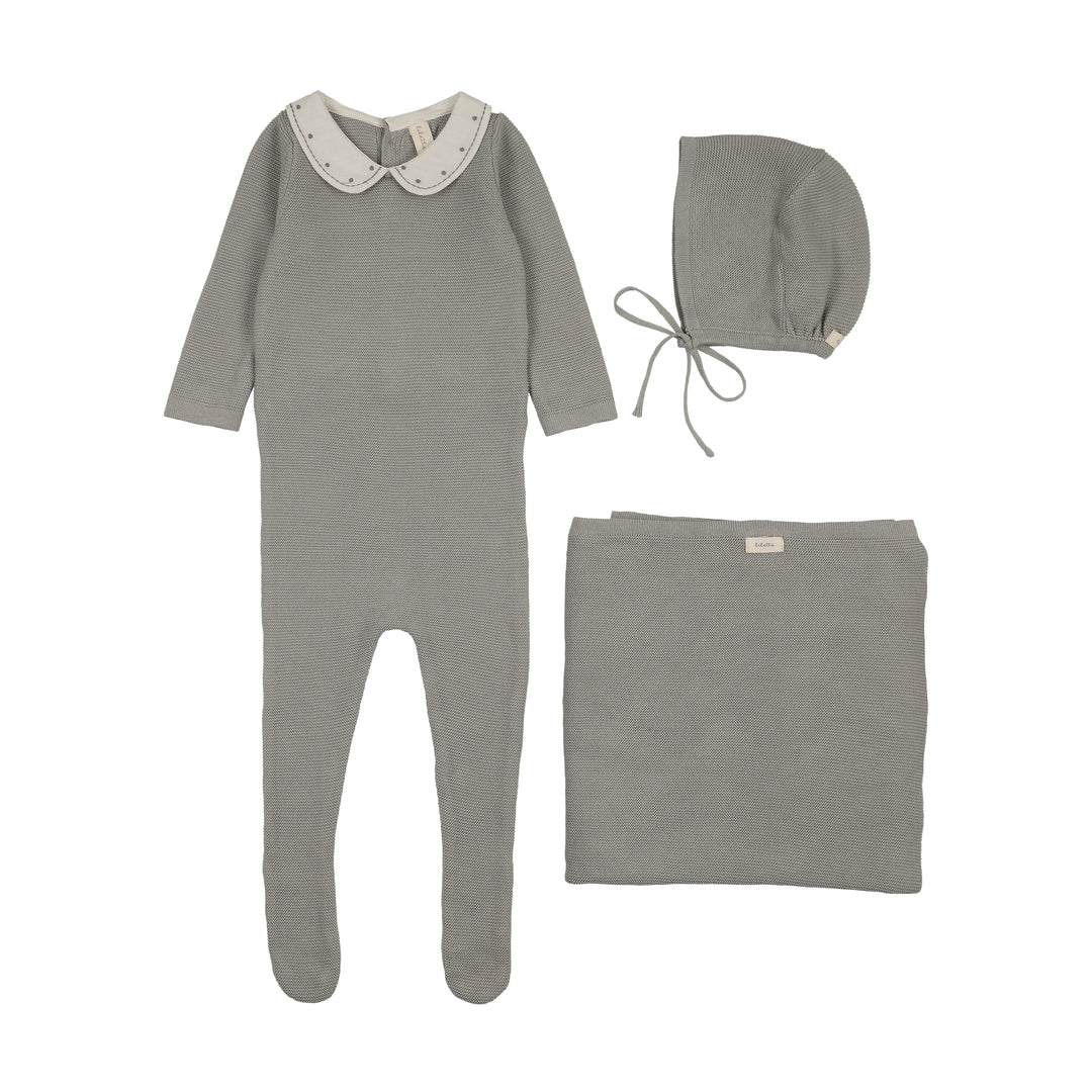 set footie embroidered collar knit with bonnet and blanket - light blue
