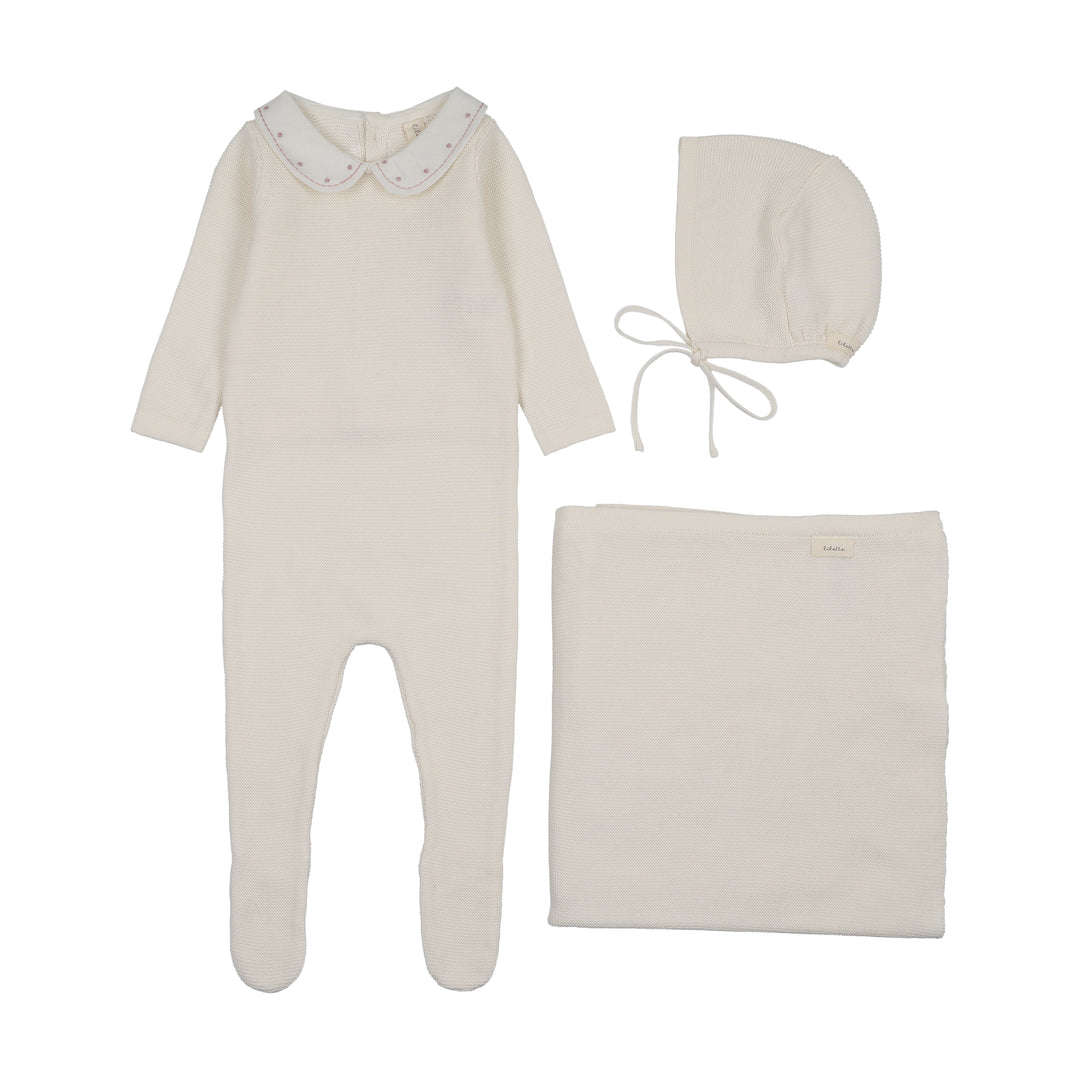 set footie embroidered collar knit with bonnet and blanket - pink
