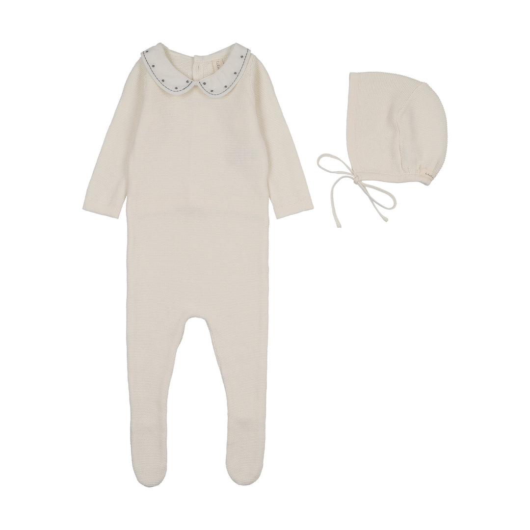 footie embroidered collar knit with bonnet - cream/blue