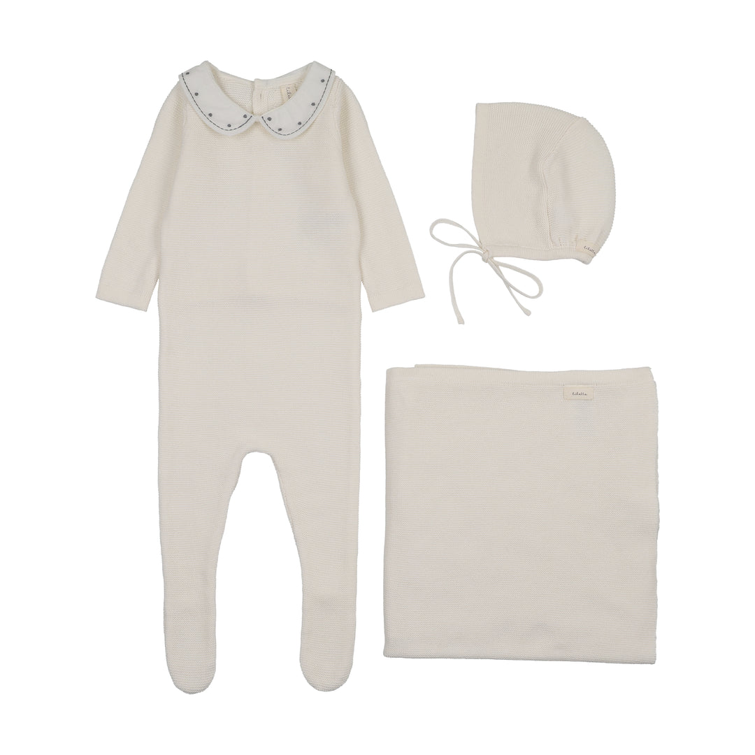 set footie embroidered collar knit with bonnet and blanket - cream/blue