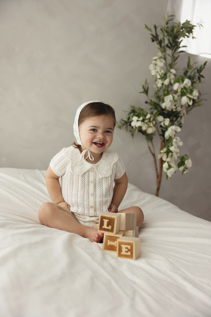 one piece crochet knit romper scalloped collar - cream