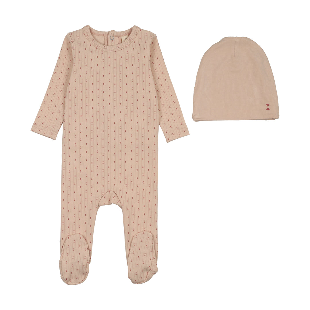 footie gem striped with bonnet - dusty pink