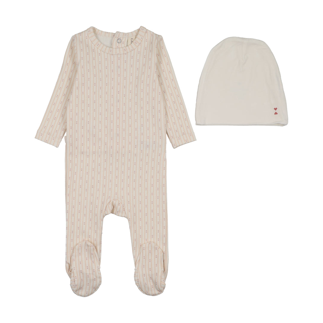 footie gem striped with bonnet - cream/pink