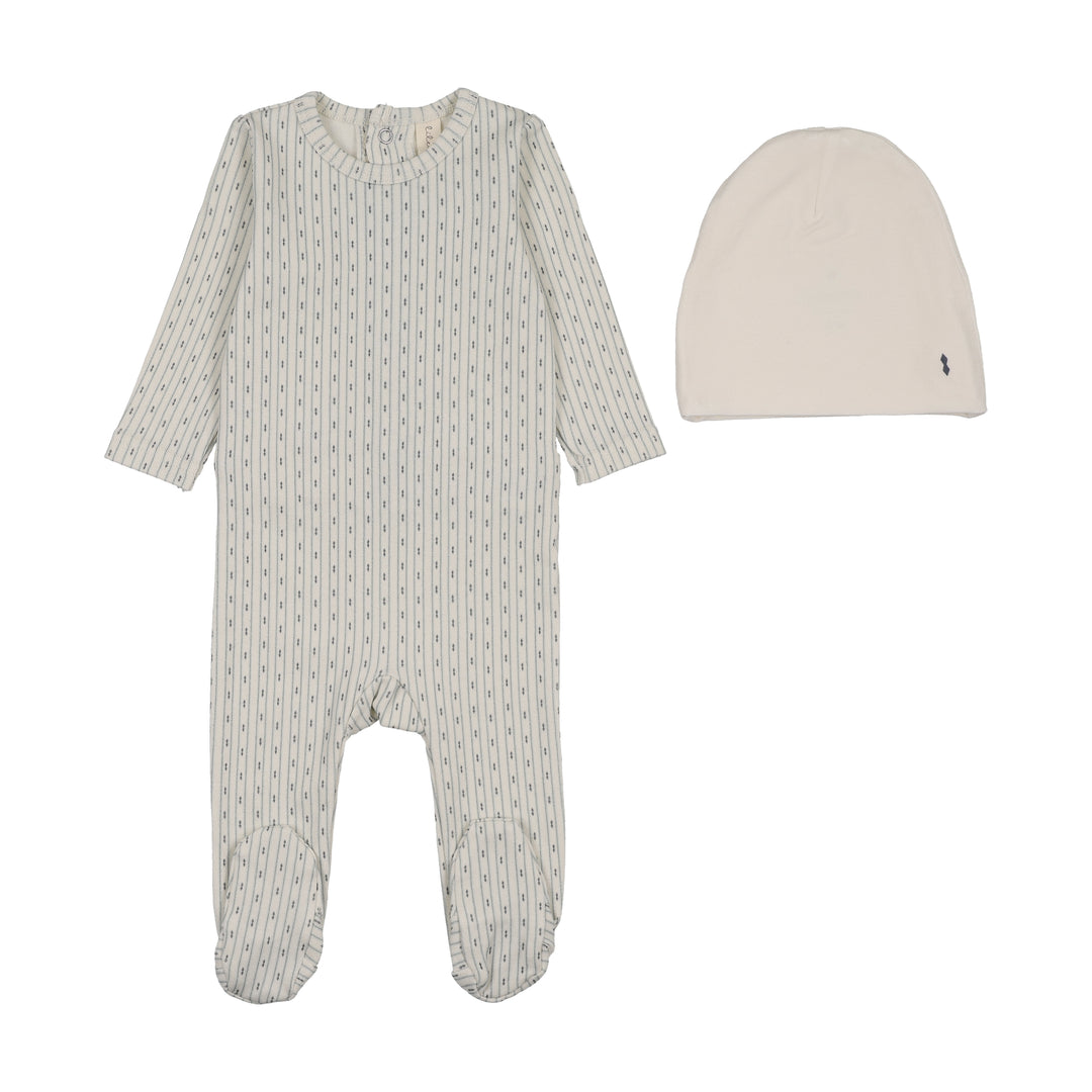 footie gem striped with bonnet - cream/blue