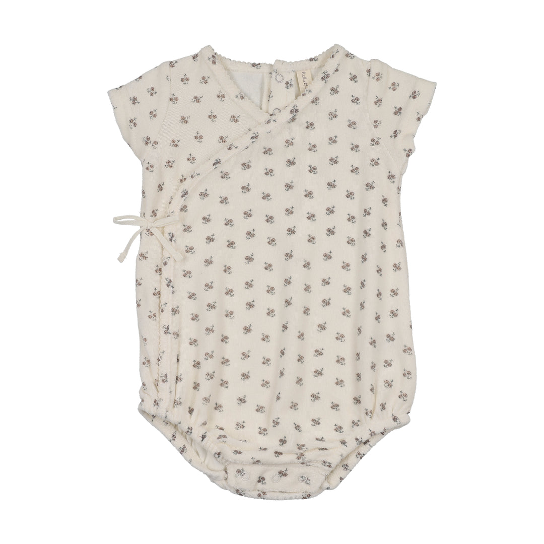 one piece terry wrap printed romper - cream/dusty pink