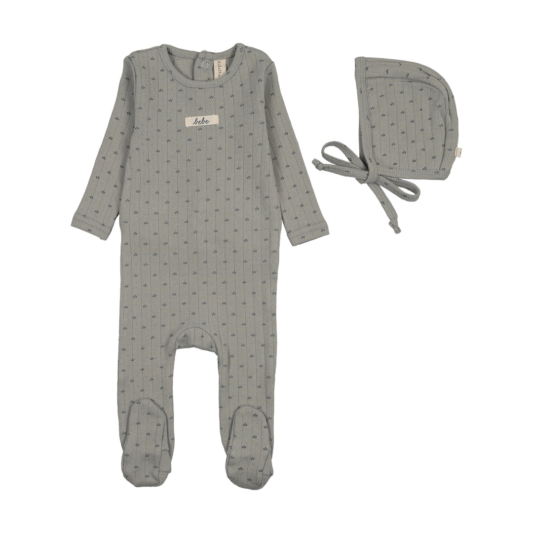 footie floret print pointelle with bonnet - light blue