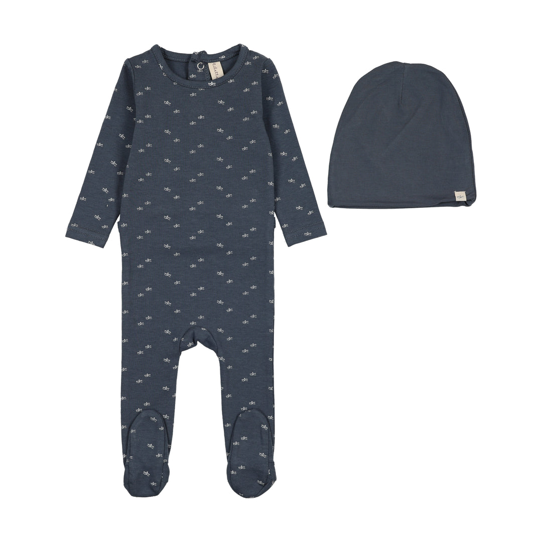 footie paper boat print with beanie - off navy