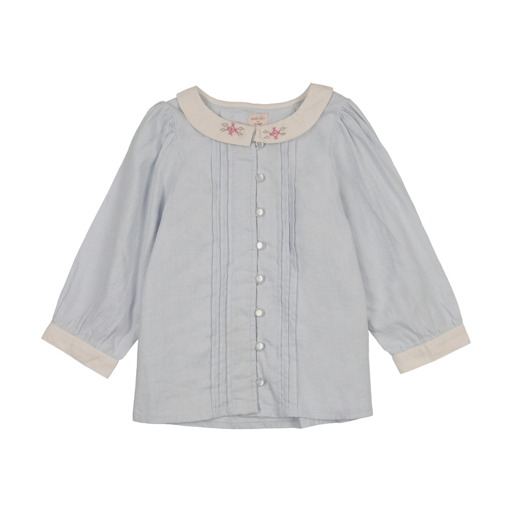shirt l/s 3/4 sleeve pintuck blouse with collar - clear blue