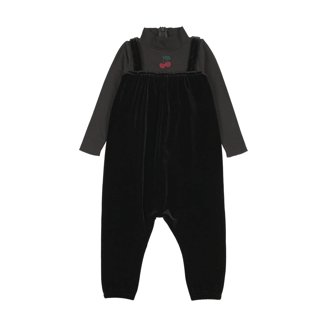 one piece cherry mockneck with attached velour romper - black