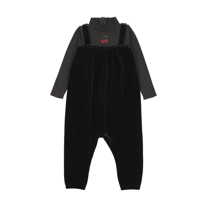 one piece cherry mockneck with attached velour romper - black