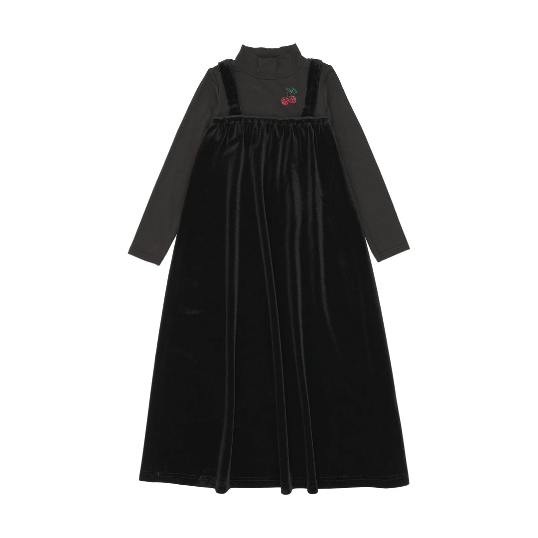 maxi dress cherry mockneck with attached velour jumper - black