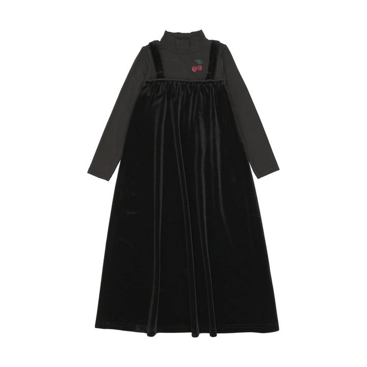 maxi dress cherry mockneck with attached velour jumper - black