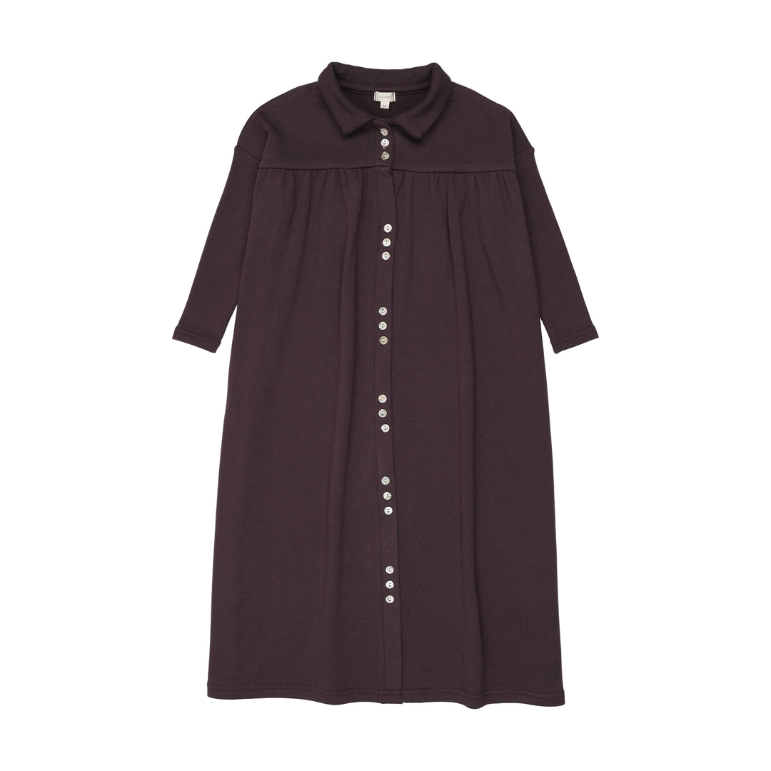 maxi dress cluster button front with collar - eggplant