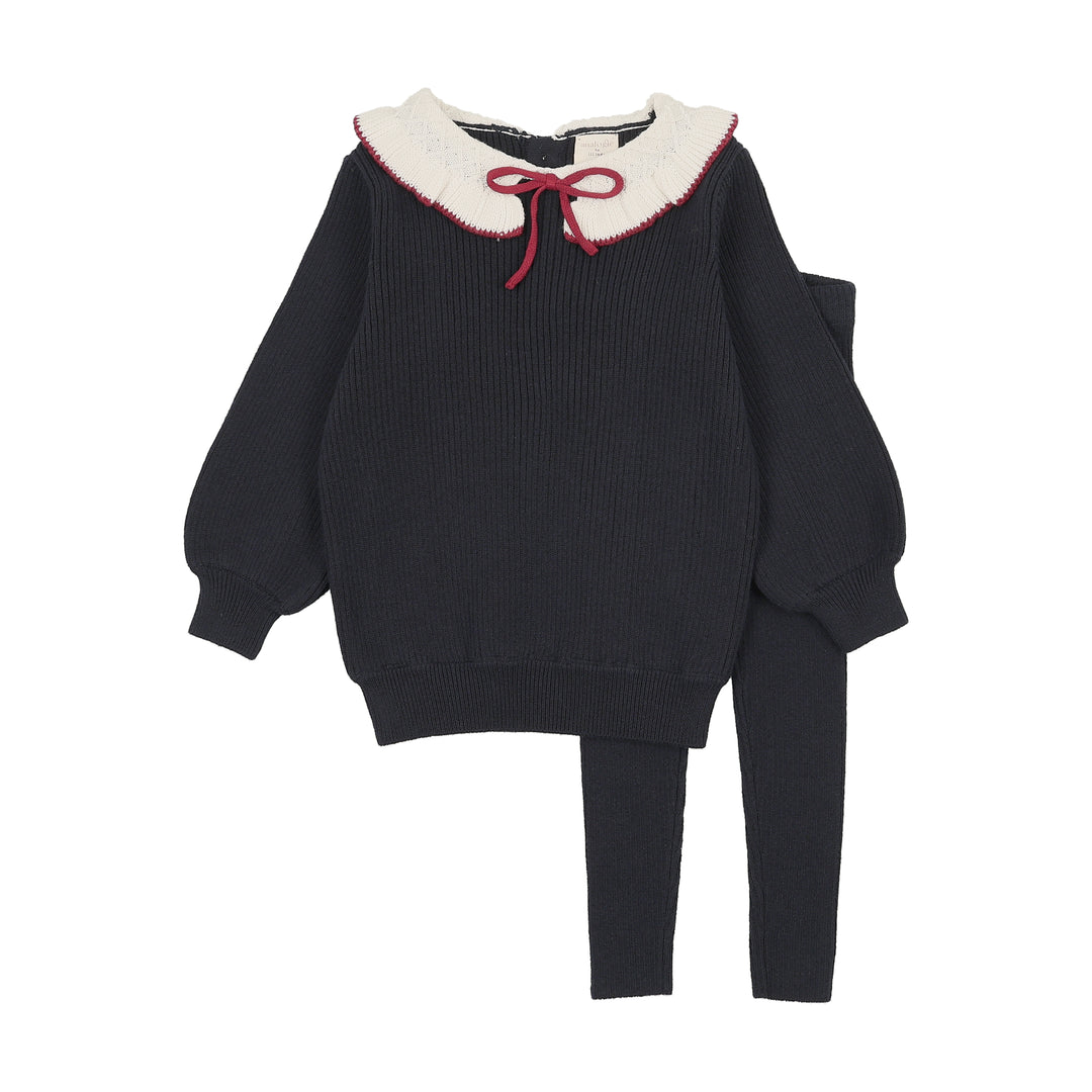 set outfit knit ruffle collar sweater and leggings - navy