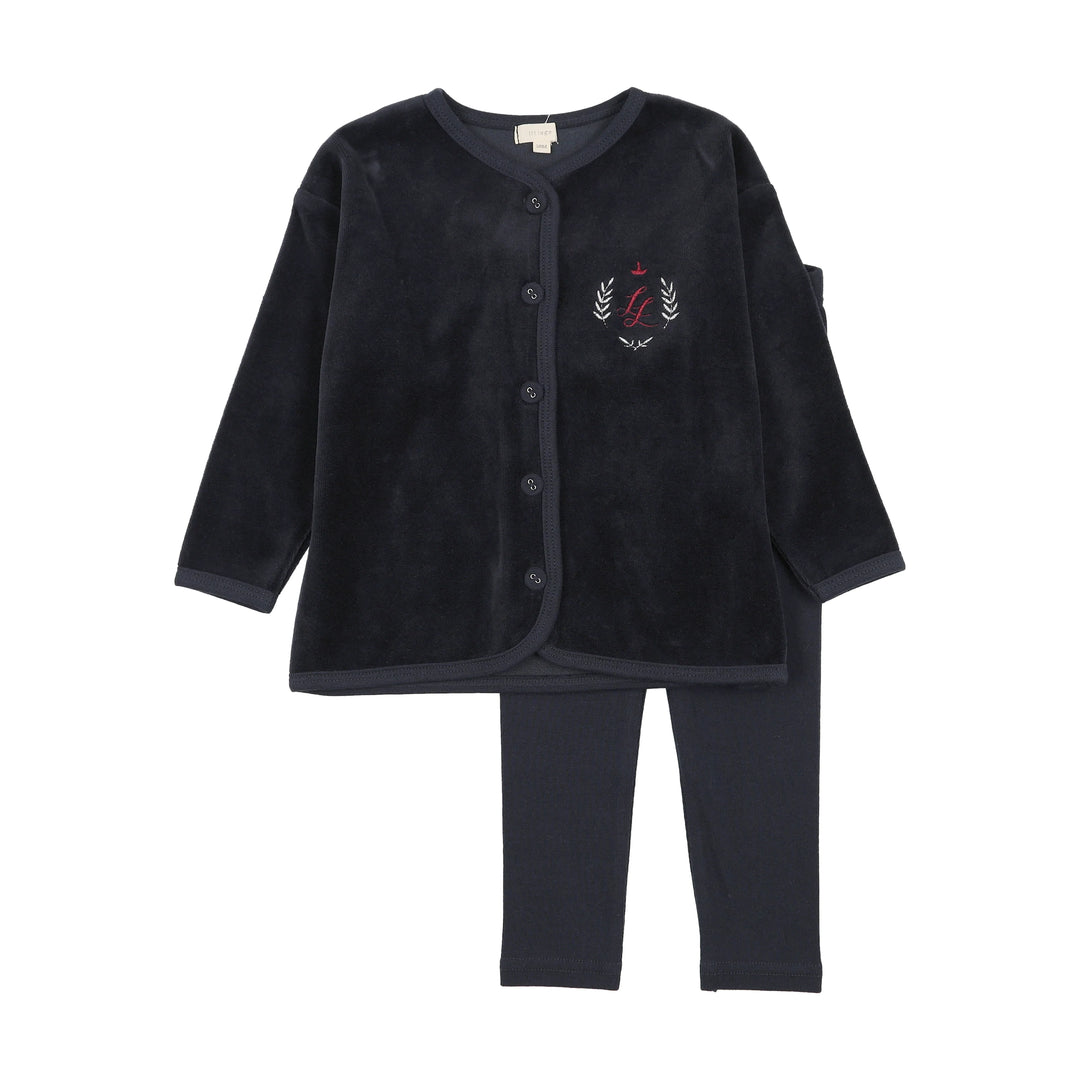 pajamas velour crest button top and pants - navy