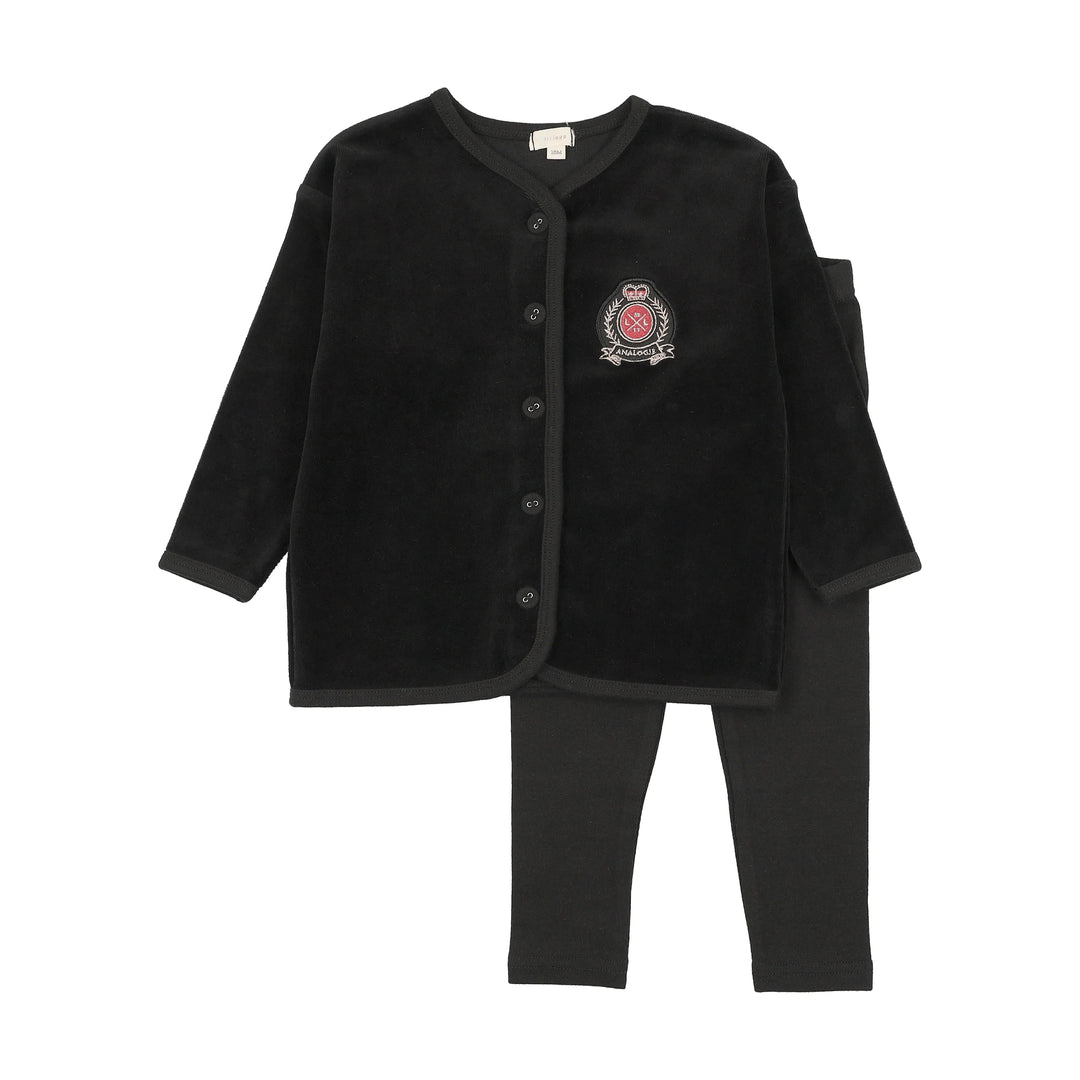 pajamas velour crest button top and pants - black