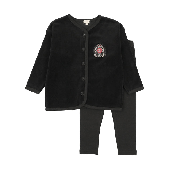 pajamas velour crest button top and pants - black