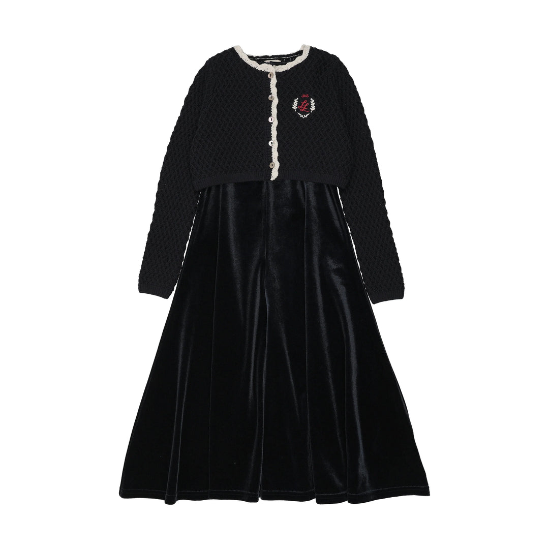 maxi dress velour jumper with crest knit cardigan - navy