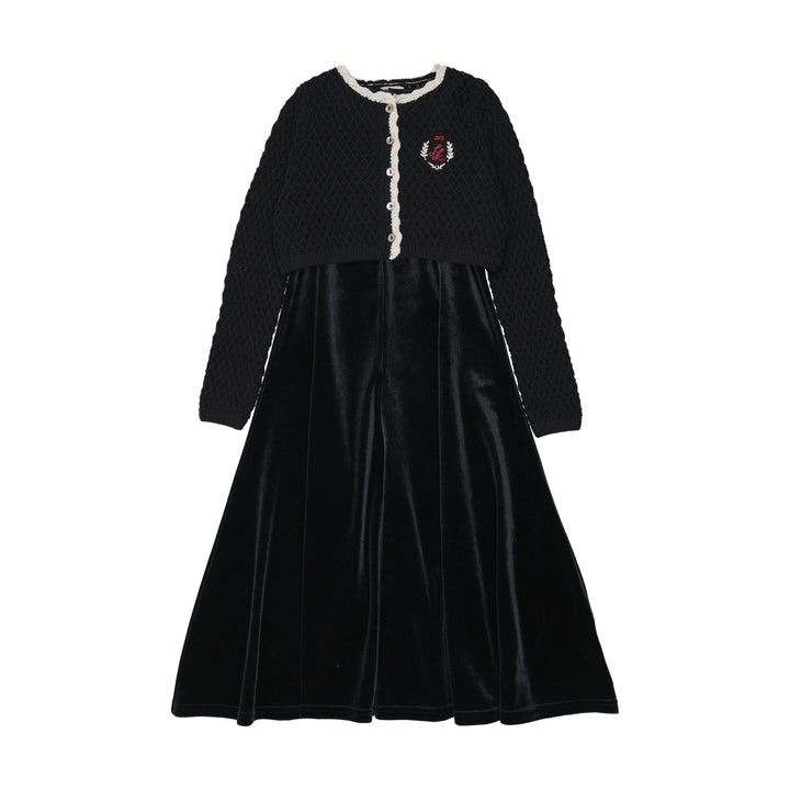 maxi dress velour jumper with crest knit cardigan - navy