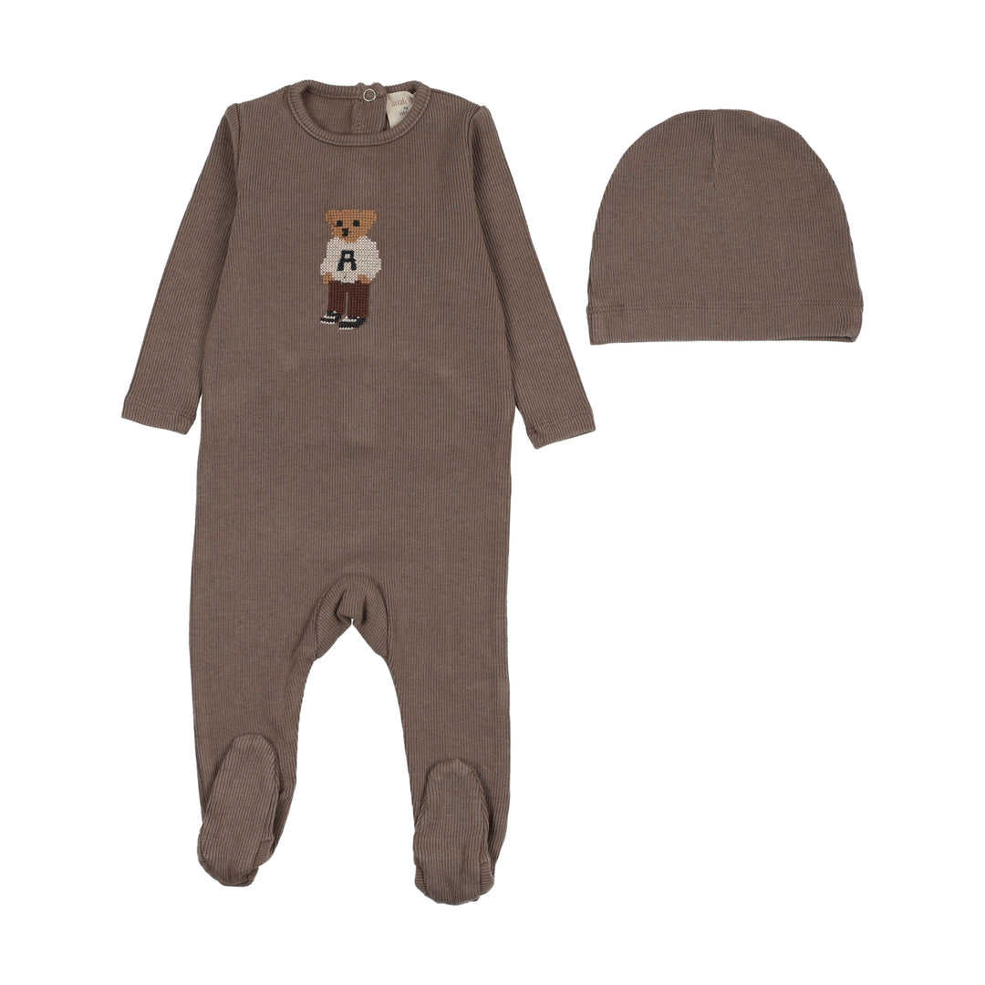 footie bear with hat - washed brown