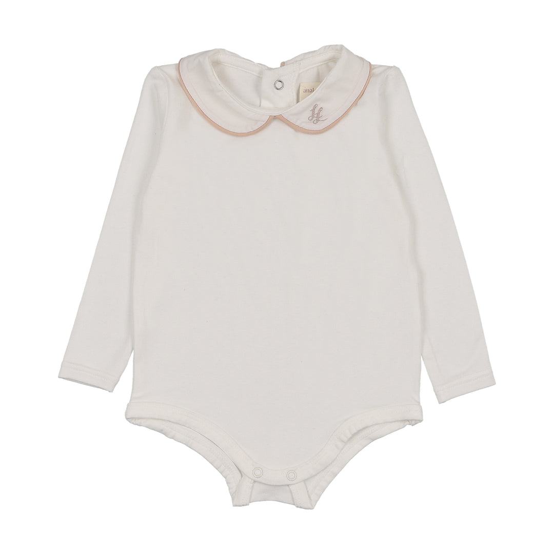 onesie l/s peter pan with piping - white/dried rose