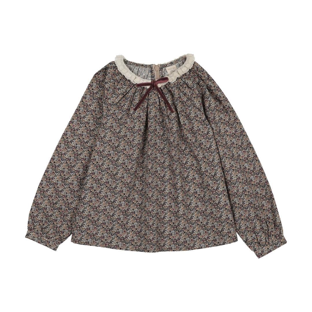 shirt l/s home garden lace trim blouse - oxford tan print