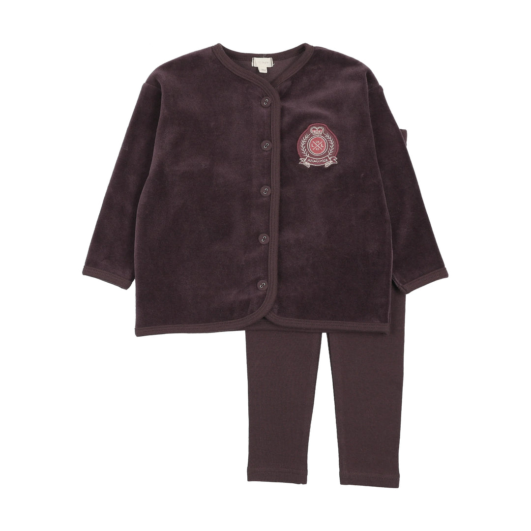 pajamas velour crest button top and pants - eggplant