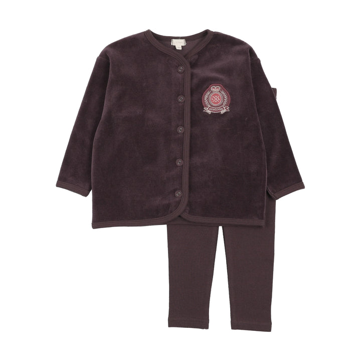 pajamas velour crest button top and pants - eggplant