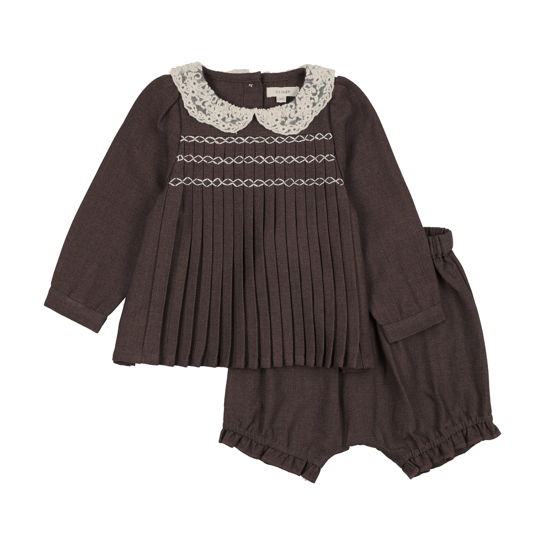 set outfit pleated lace trim blouse and bloomers - misty oat heather
