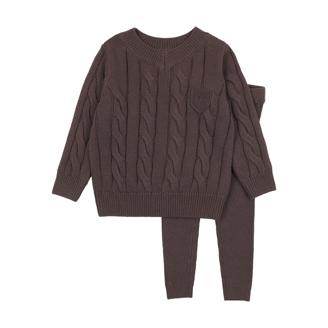set outfit chunky cable knit sweater and leggings - chocolate brown