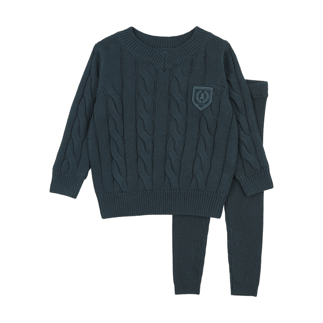 set outfit chunky cable knit sweater and leggings - navy