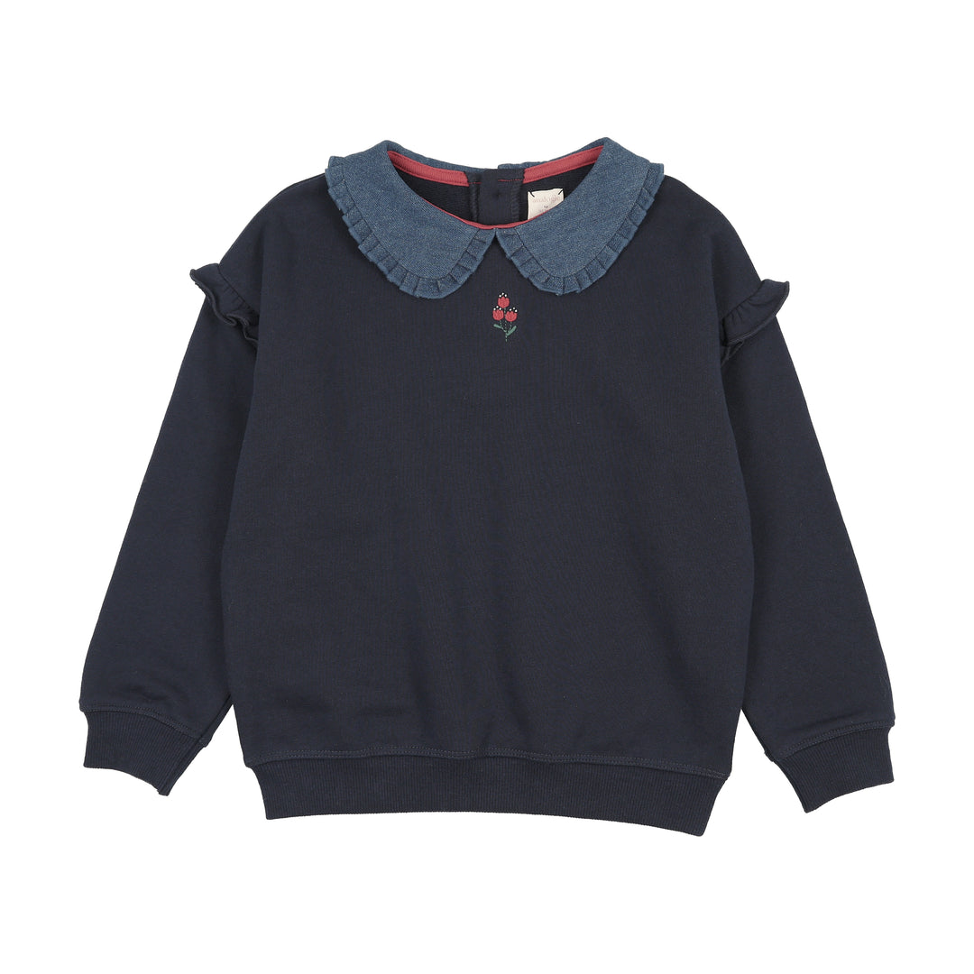 top l/s sweet campaign denim collar ruffle sweatshirt - navy