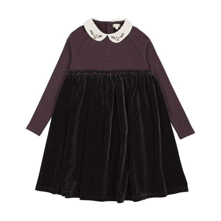 maxi dress embroidered collar velour short length - eggplant