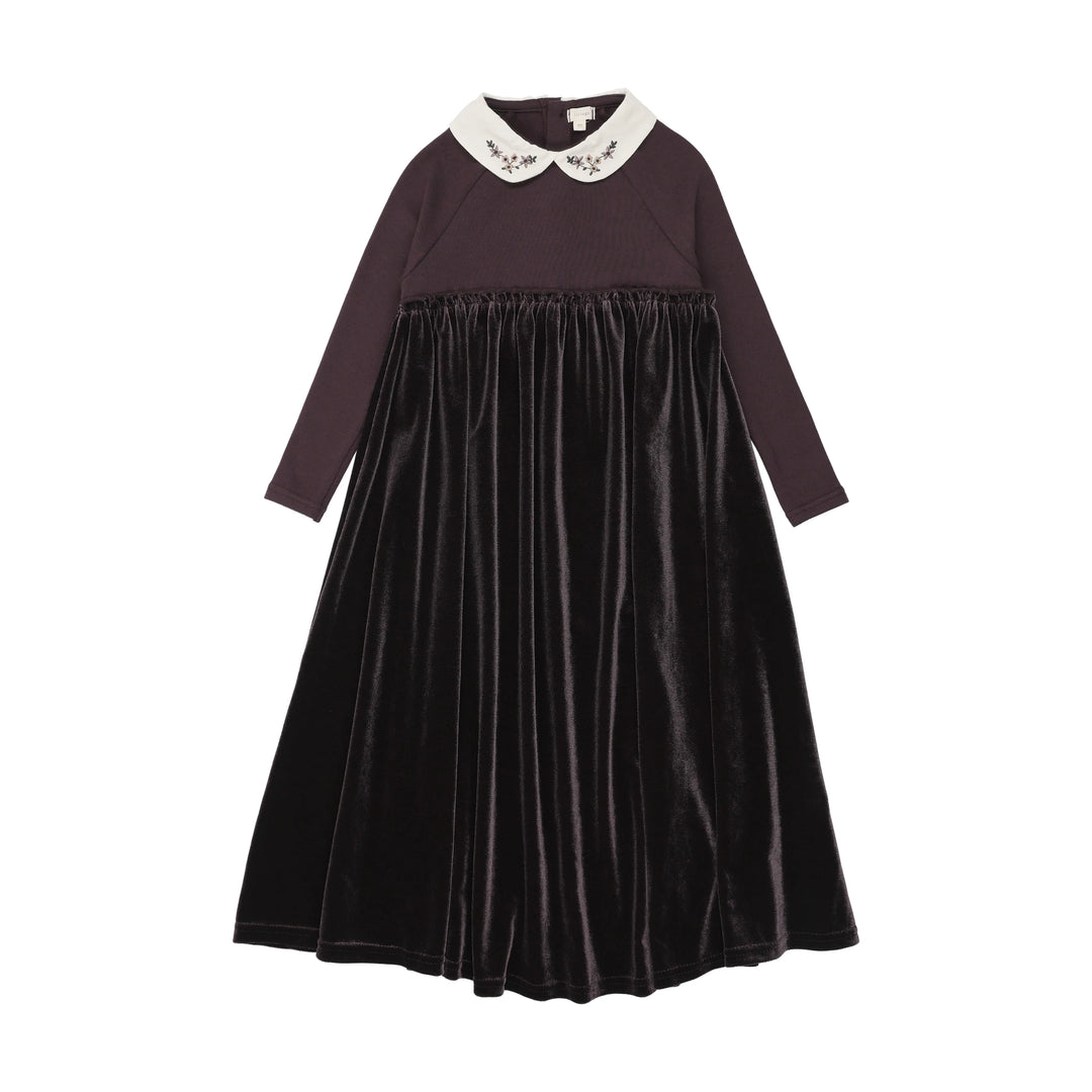 maxi dress embroidered collar velour - eggplant