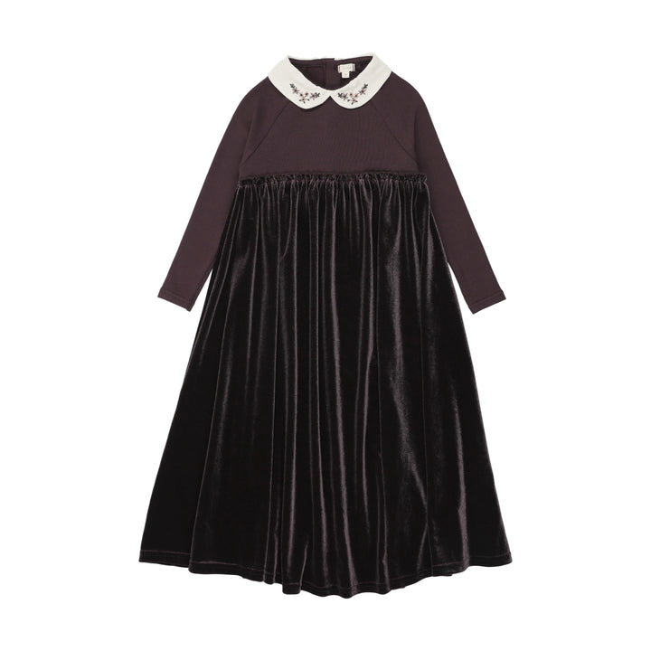 maxi dress embroidered collar velour - eggplant