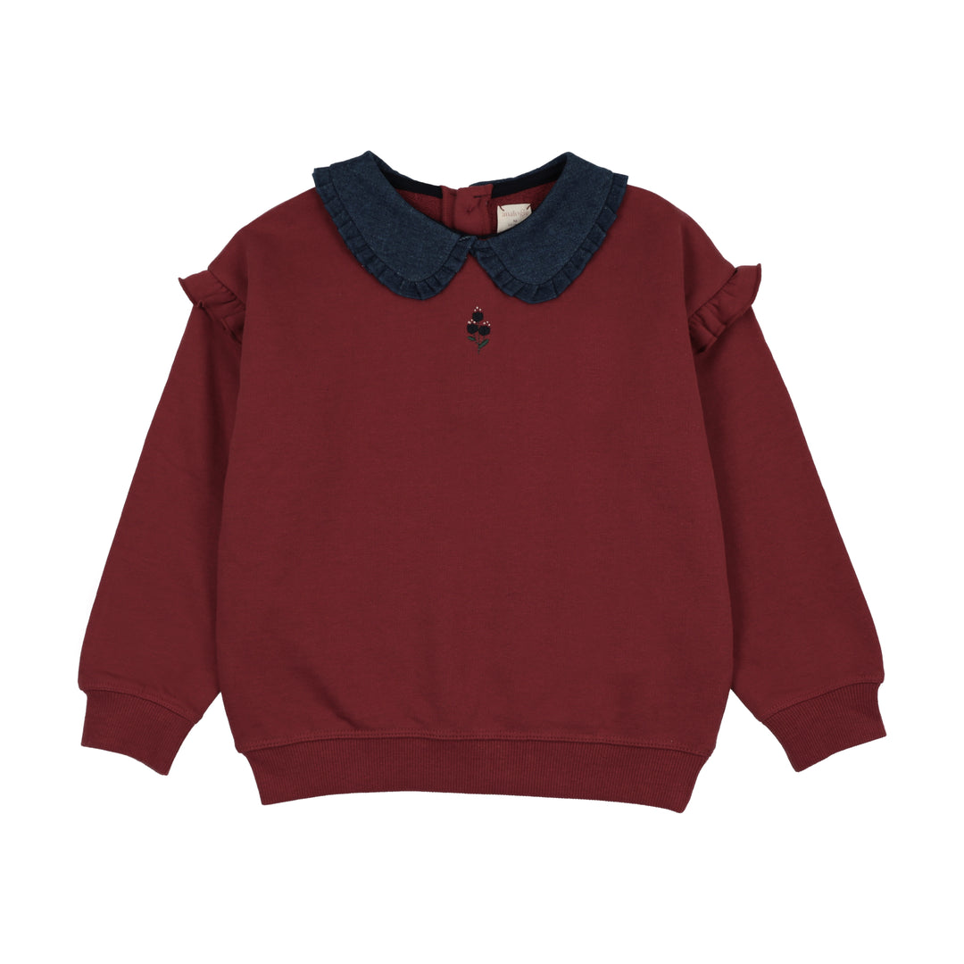 top l/s sweet campaign denim collar ruffle sweatshirt - vintage red