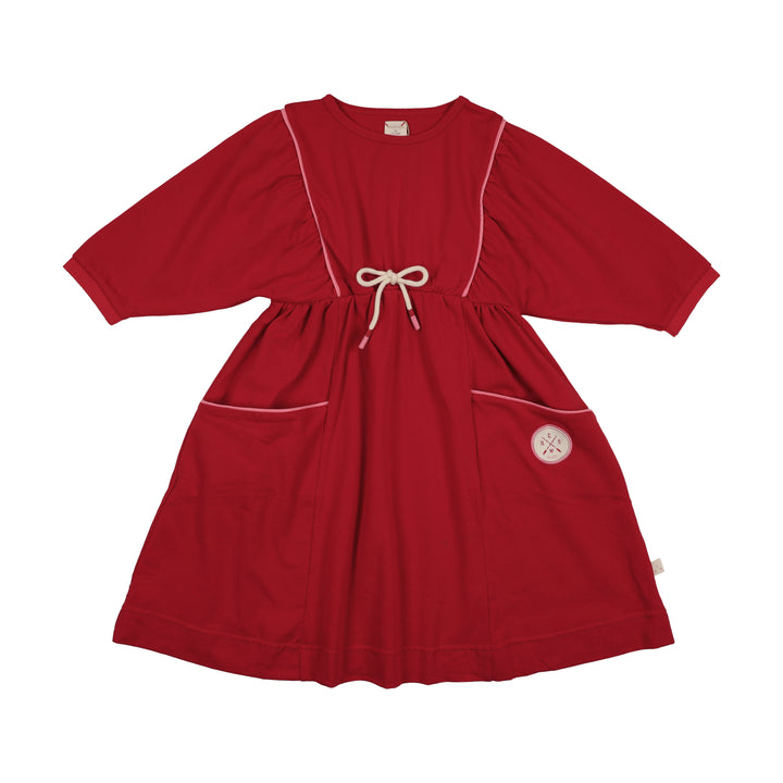 dress 3/4 sleeve boating crew drawstring waist - red