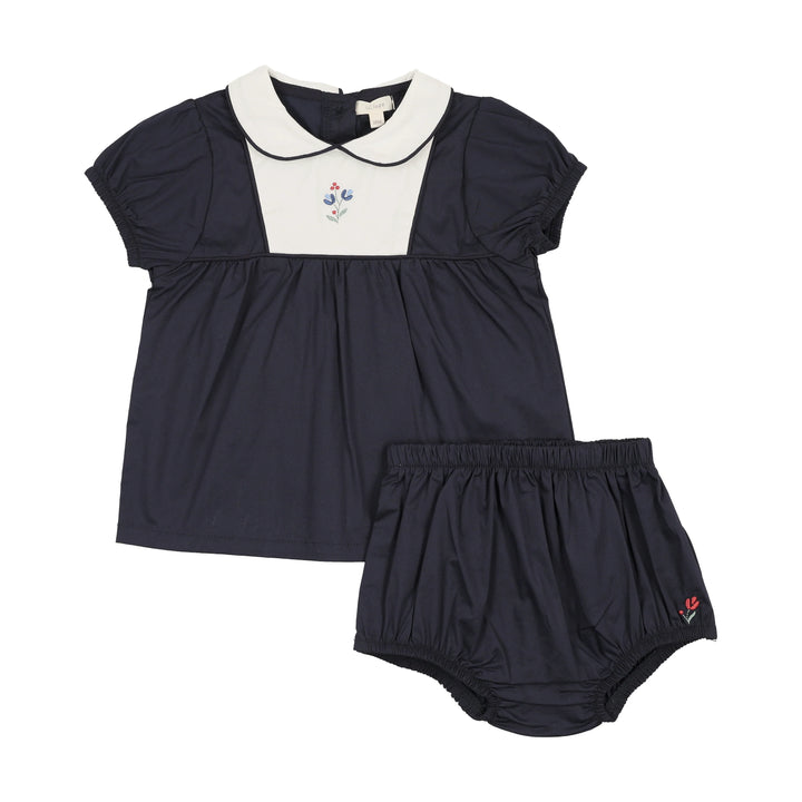 set outfit embroidered bib shirt and bloomer - navy