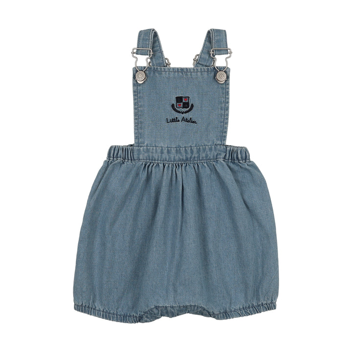 one piece denim city pocket romper - mid blue wash