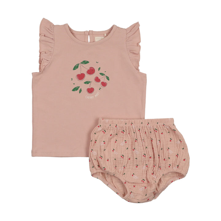 set outfit common folk cherry flutter tee and bloomers - pink