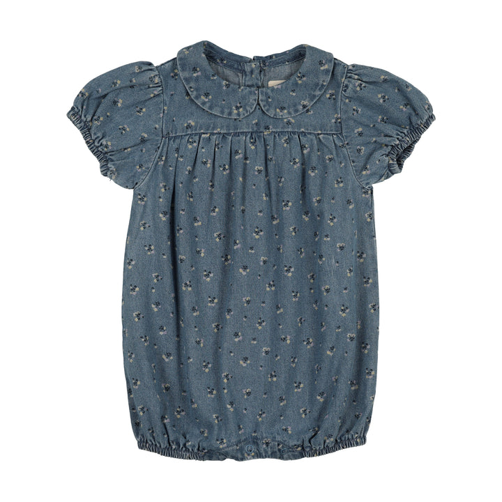 one piece s/s dainty denim printed romper - blue wash