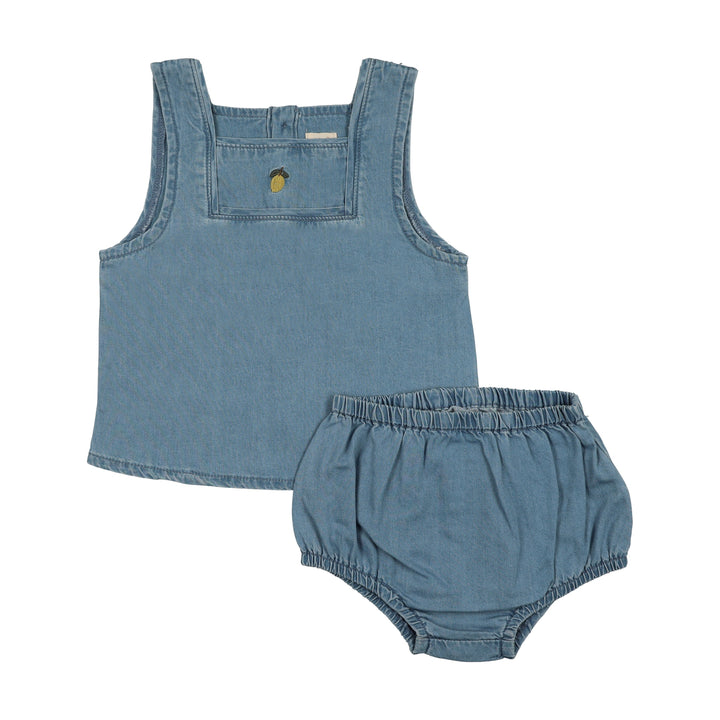 set outfit denim capsule lemon tank and shorts - blue tencel