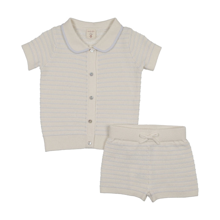 set outfit textured stripe knit top and shorts - clear blue