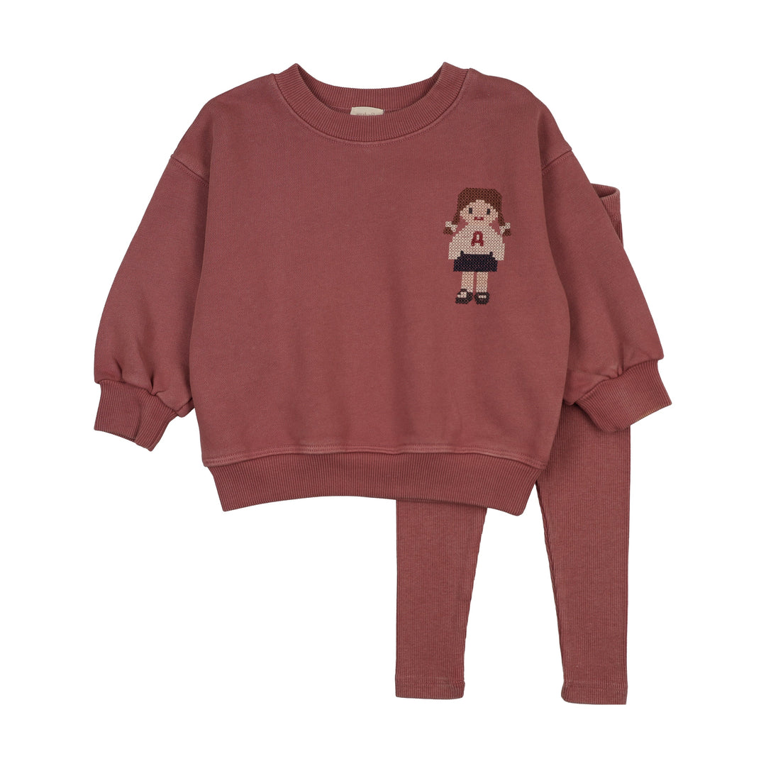set outfit doll sweatshirt and leggings - washed burgundy