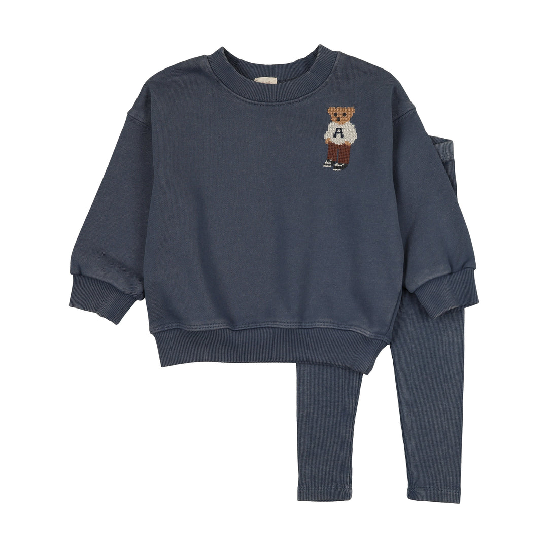 set outfit embroidered bear sweatshirt and leggings - vintage indigo