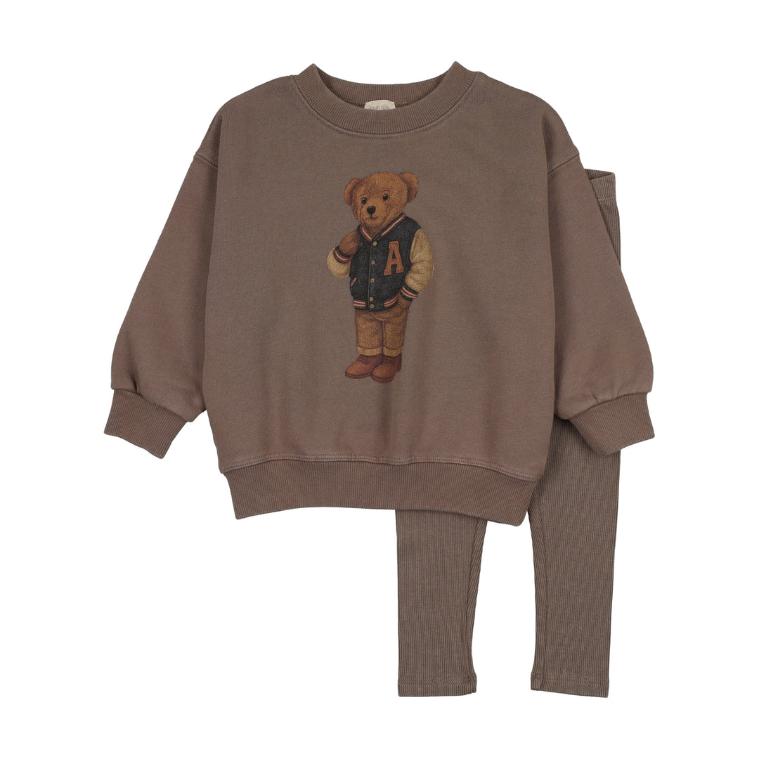 set outfit varsity bear sweatshirt and leggings - washed brown